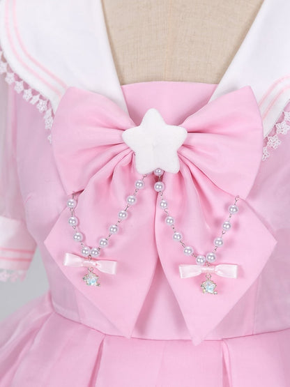 Star Lace Trimmed Sailor Collar Short Sleeves Pink Lolita Dress with a Free Bowtie Magical Girl Dress