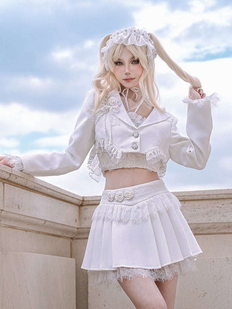 White Lace Trim Hemline and Cuffs Cropped Blazer