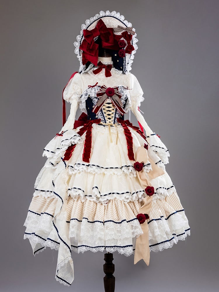 Snow White Vibes Dark Blue and Red Boned Corset Top + Tiered Skirt Gorgeous Hime Lolita Full Set