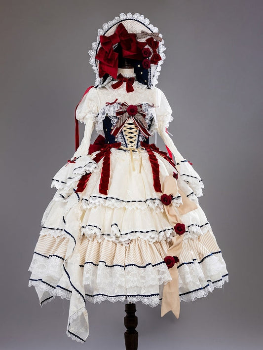 Snow White Vibes Dark Blue and Red Boned Corset Top + Tiered Skirt Gorgeous Hime Lolita Full Set