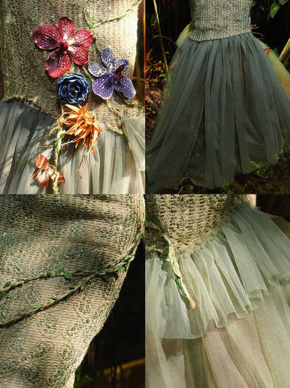Butterfly and Floral Decorated Green Forest Fairy Goth Double Layers Tulle Hem Mermaid Skirt