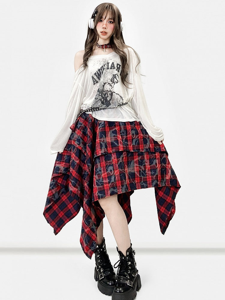 White Asymmetrical Neckline Print Design Long Sleeves Top