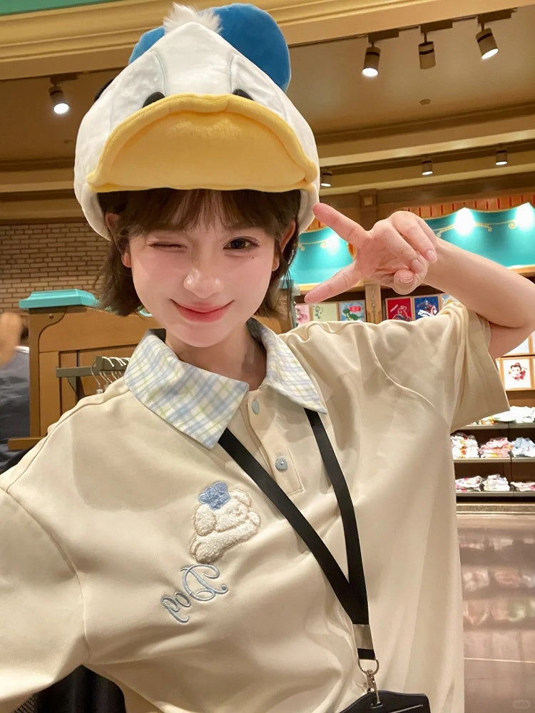 Blue Plaid Collar and Hem Puppy Embroidery Apricot Loose T-shirt