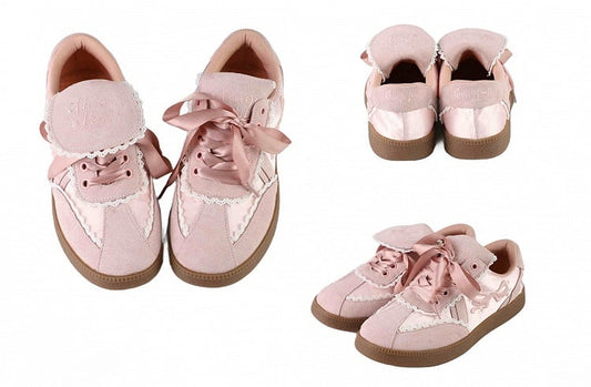 Pink Fold-over Design Lace Trim Sneakers