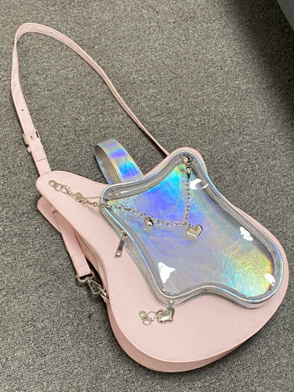 Dreamy 2-Way Y2K Style Cute Pink Guitar-Shaped Ita Bag With Heart Chain Accents