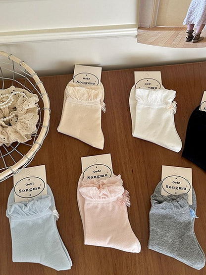 Pink/Blue/Black/White/Yellow/Gray Bowknot Details Ruffled Cuff Calf Socks