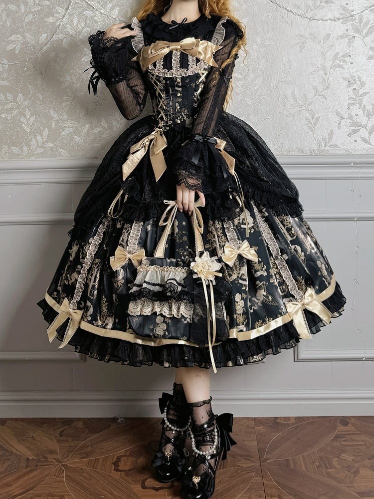 Black and Gold Corset Waist Drawstring Overlay Skirt Lolita Jumper Skirt