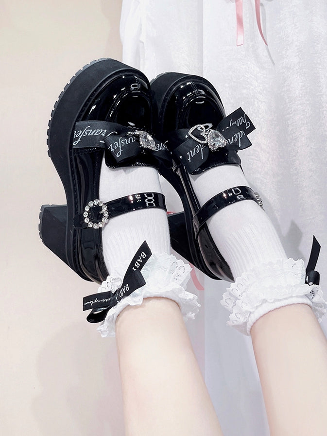 Jirai Kei Rhinestones Bow Clips Black Chunky Heels Landmine Style Platforms