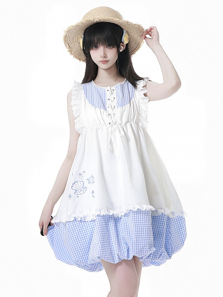 Seashell and Starfish Embroidery White and Blue Plaid Flutter Sleeves Dress Bubble Skirt