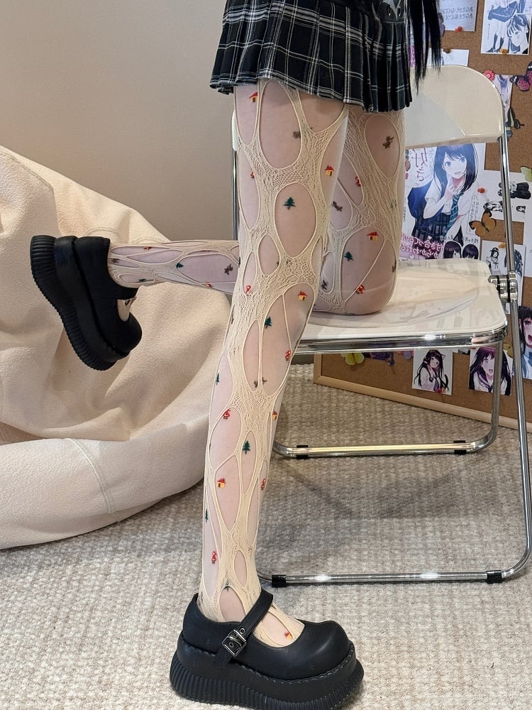 White/Beige/Black/Brown Y2K Asymmetrical Design Cut-out Details Tights