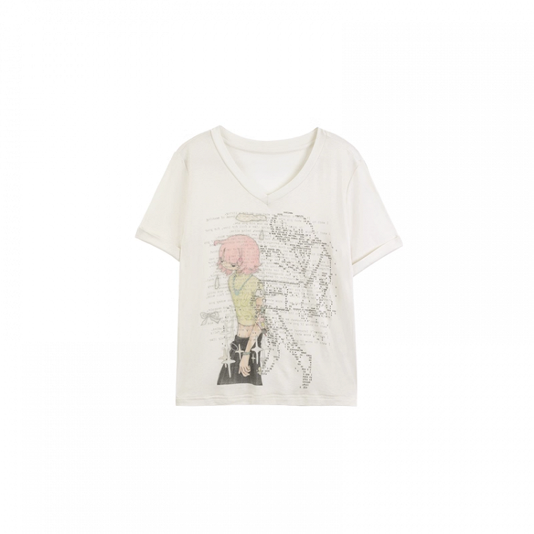 Green/Pink Anime Girl Print V-neck T-shirt