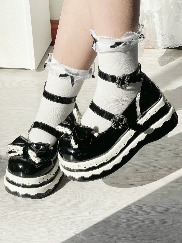 Lolita Cute Black Bowknot Cake Pattern Buckle Straps Platform Shoes