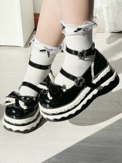 Lolita Cute Black Bowknot Cake Pattern Buckle Straps Platform Shoes