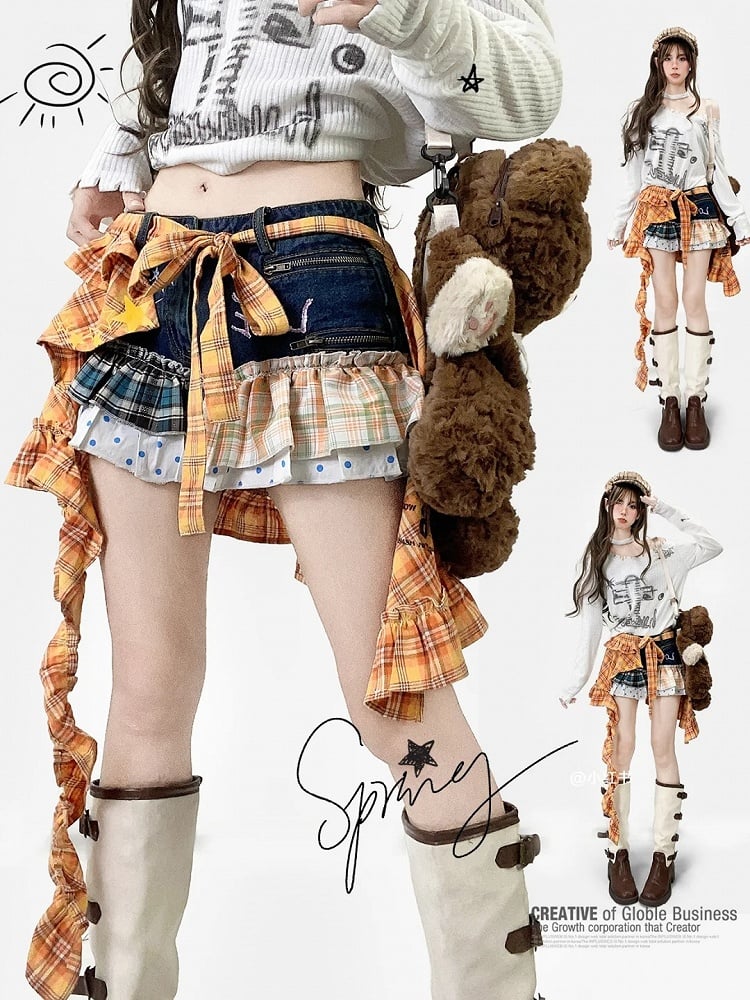 Blue Y2K Plaid And Polka-dot Pattern Shorts + Orange Plaid Pattern Letter Print Accessory