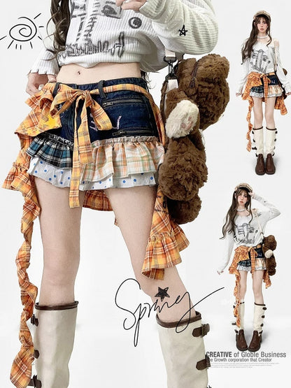 Blue Y2K Plaid And Polka-dot Pattern Shorts + Orange Plaid Pattern Letter Print Accessory