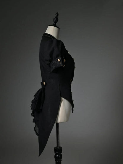 Black Blazer Collar Short Puff Sleeves Split-Tail Top