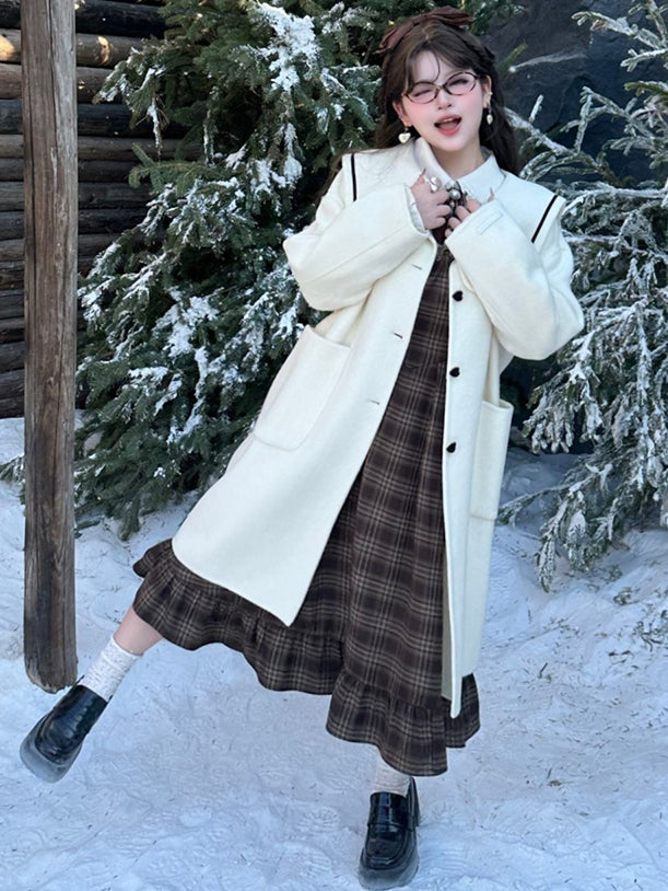 Plus Size Milk White Sailor Collar Heart Buttons Woolen Coat