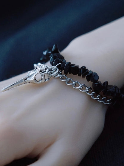 Silver&Black Gothic Bird Bone Charm Crushed Stone Bracelet