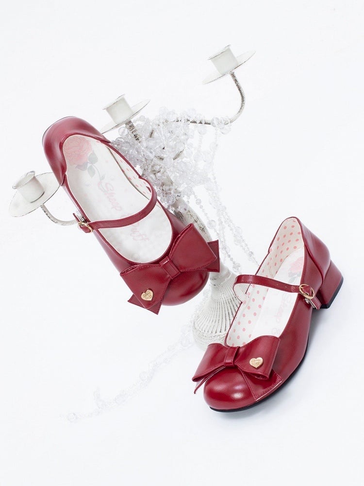 Bow at Top Wine Red Round Toe 3cm Heel Sweet Mary Jane Shoes