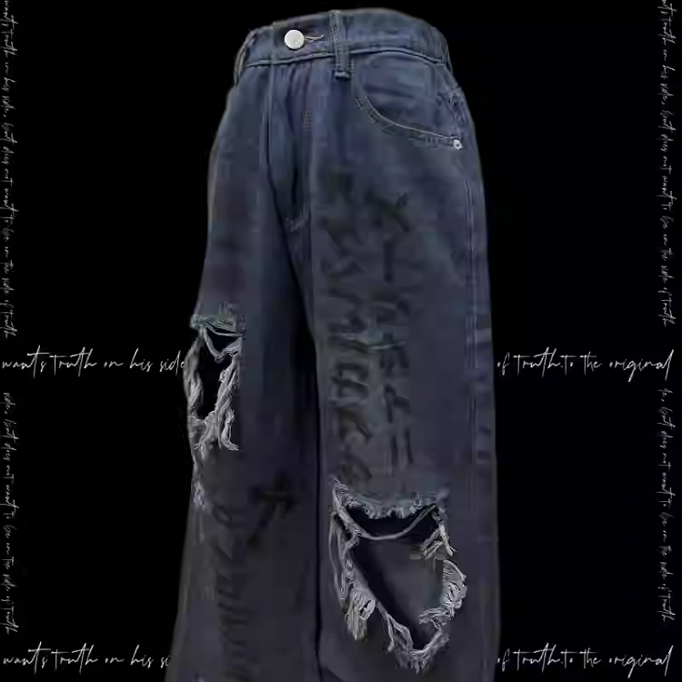 Blue Distressed Holes Raw Hem Punk Jeans