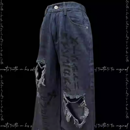 Blue Distressed Holes Raw Hem Punk Jeans