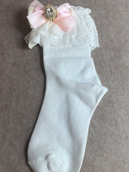 White Ruffled Cuff Jirai Kei Calf Socks With Pink/Blue/Purple/White/Black/Beige Bowknot Details