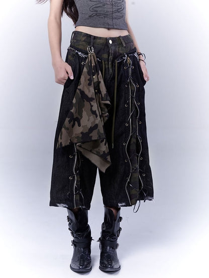 Camouflage Lace-up Front Punk Rock Distressed Straight-leg Jeans