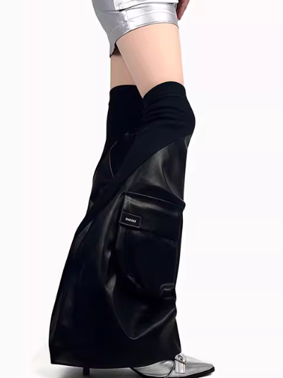 Black PU Cargo Pocket Punk Leg Warmers