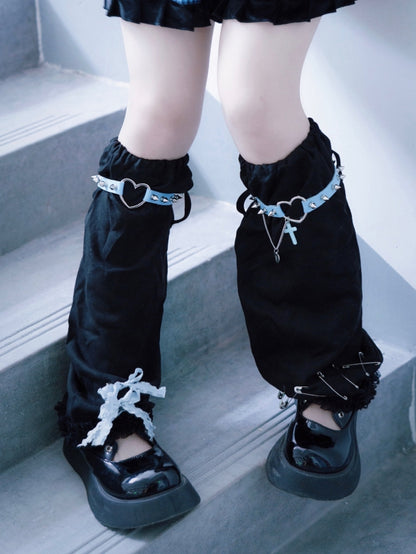 Pins and Studs Decorated Black and Blue Bowknots Gothic Leg Warmers
