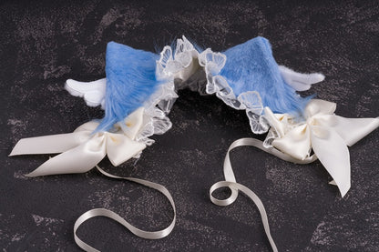 Handmade Wings Blue and White Bowknots Kitty Ears Hairband