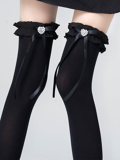 White/Grey/Black Jirai Kei Heart-shaped Rhinestone Bowknot Ruffled Cuff Overknee Stockings