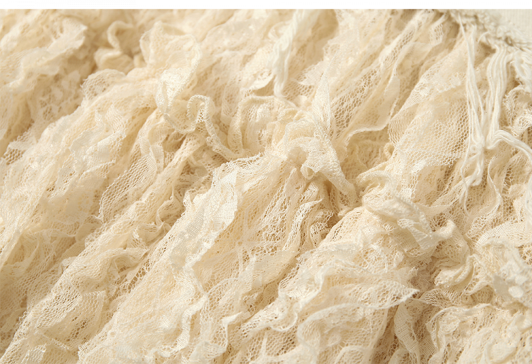 Beige Lace Asymmetrical Hem Skirt with Distressed Trim and Buckle Detail