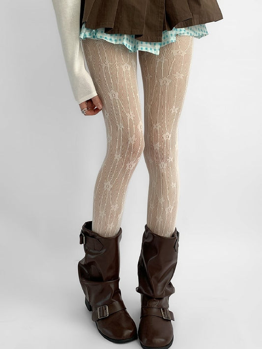 Beige Floral Details Hollow-out Design Tights