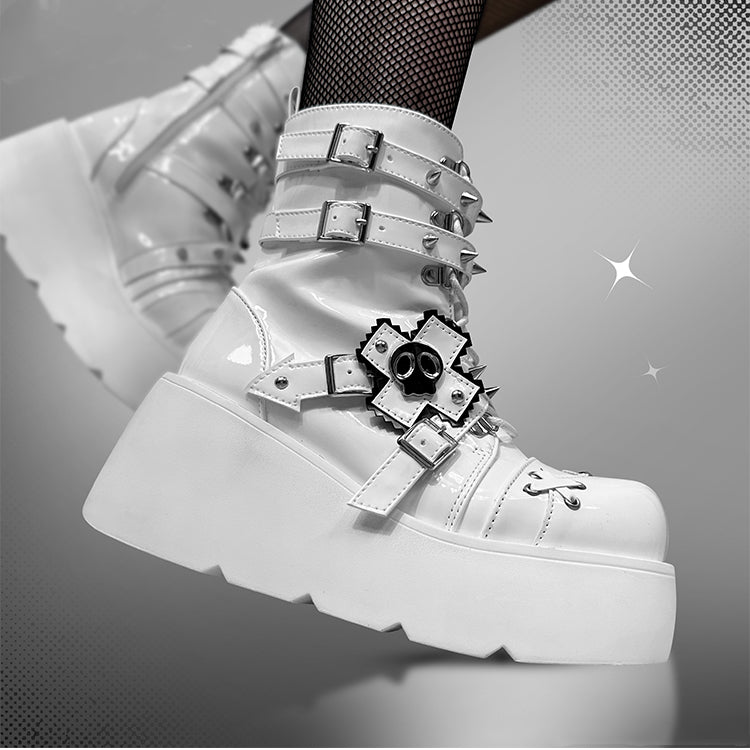 Metal Skull Polished White Punk Wedge Platform Boots Spike Stud Detailing