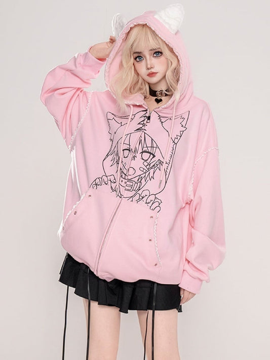 Punk Black/Pink Anime Girl Print Cat Ears Design Zip Hoodie