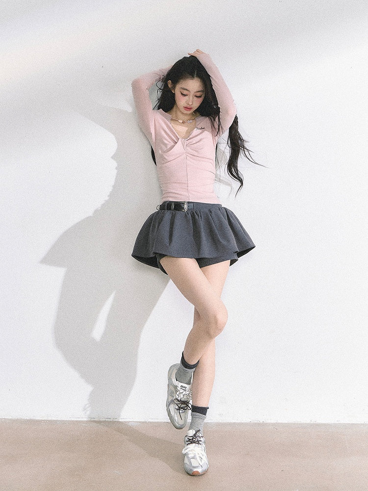 Light Pink Bead Details Neckline Ruched Design Top