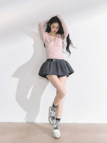 Light Pink Bead Details Neckline Ruched Design Top