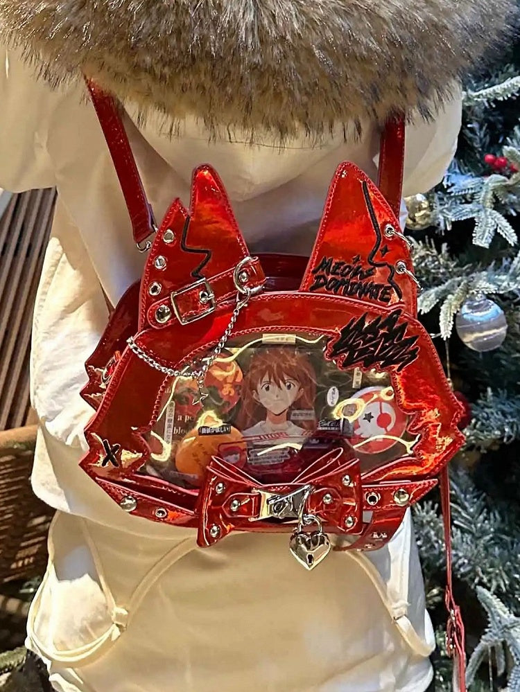 Bold Red Punk Cat Polished PU Tote Ita Bag with Free Card Holder