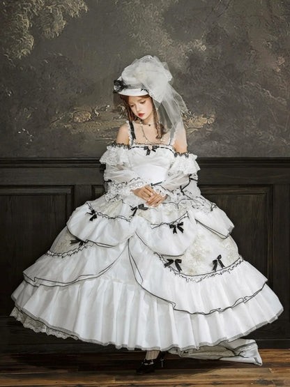 Plus Sizes White & Black Ruffled Layers Sweet Lolita Dress with Bow Accents Long Version