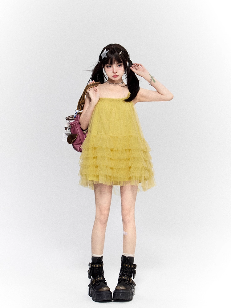 Mustard Yellow Square Neckline Layered Mesh Backless Cami Dress