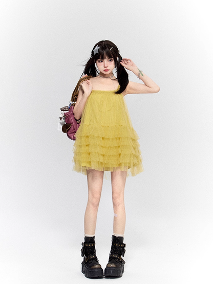 Mustard Yellow Square Neckline Layered Mesh Backless Cami Dress