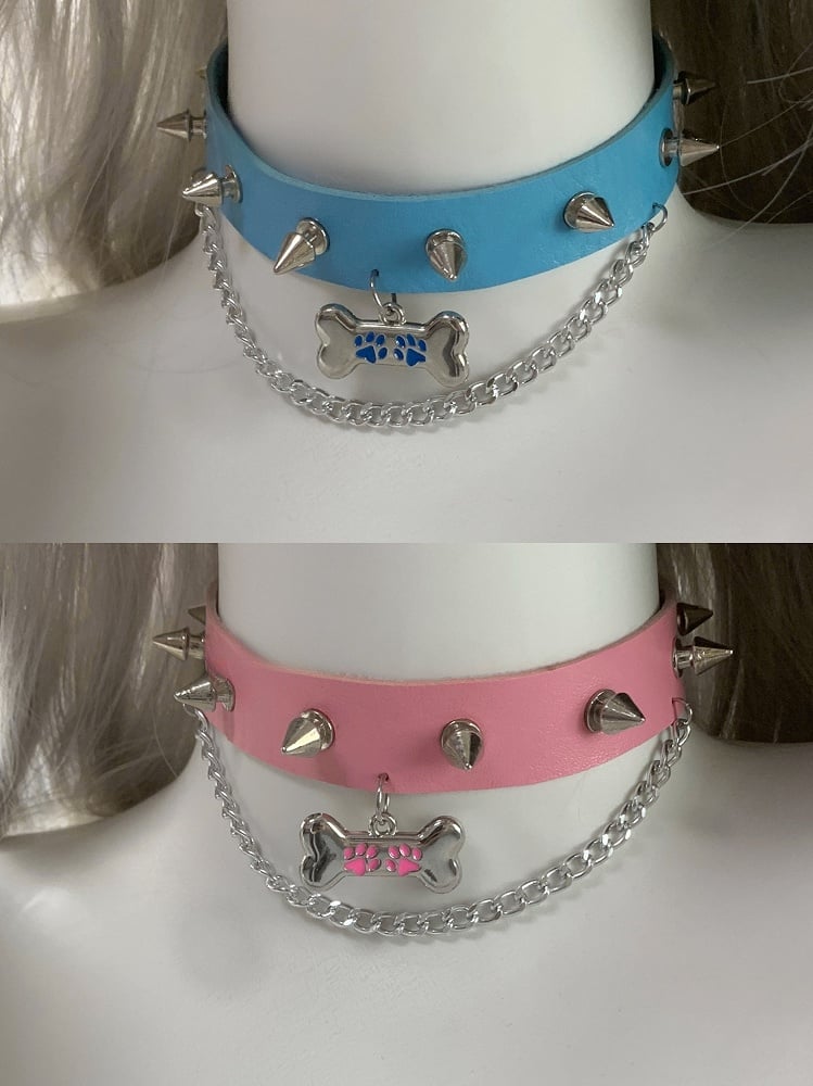 Black/White/Pink/Blue Bone Pendant Studded PU Choker with Chain