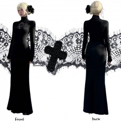 Gothic Black Coffin Cutout Cross Details High Neck Mermaid Skirt Maxi Dress