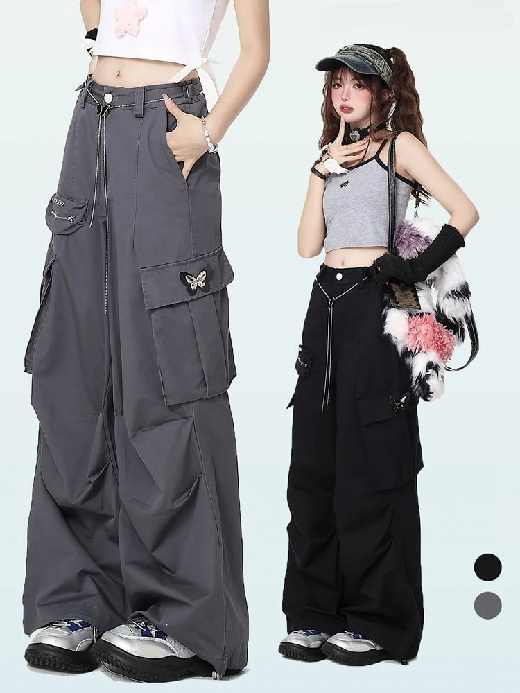 Gray Techwear Wide-leg Cargo Pants with Butterfly Waist Chain