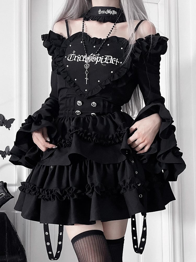 Black Gothic Off-the-shoulder Neckline Letter Print Bell Sleeves Dress