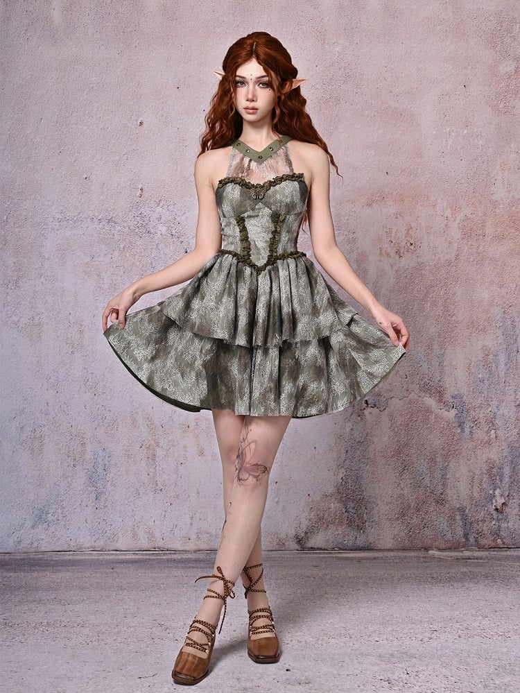 Halter Neck Light Green Basque Waist Forest Fairy Tie-dyed Dress