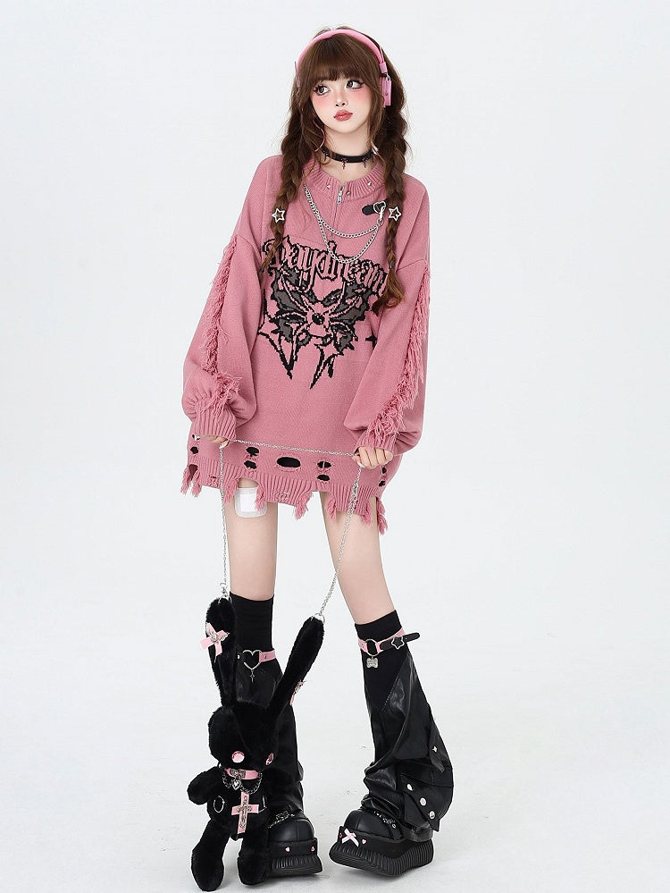 Rose Pink Gothic Distressed Holes Butterfly Sweater with Studs and Chains