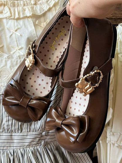 Brown Bow at Top Sweet Lolita Flats with Hugging Bear Heart Buckles