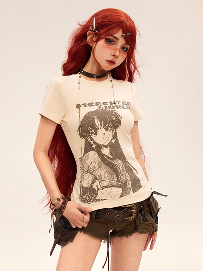 Vintage Anime Girl Print Apricot Round Neck Slim-fitting T-shirt