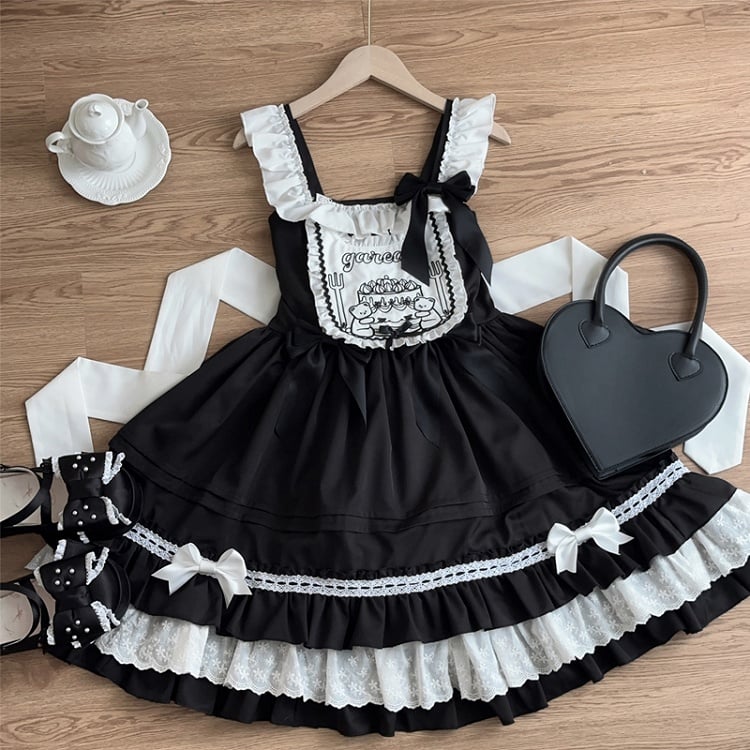 Teddy and Cake Embroidery Bodice Black Sweet Lolita Dress